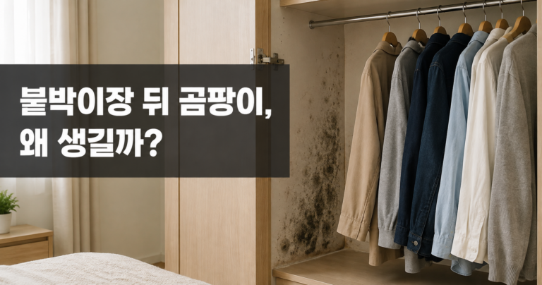 붙박이장 안쪽 벽면과 옷에 생긴 곰팡이