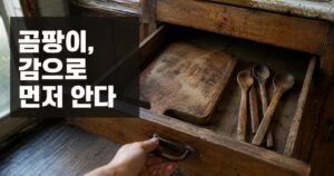 습도계 없이도 눈치채는 곰팡이 낌새, 27년 동안 터득한 나만의 신호들 3 나무 서랍 속 도마와 수저를 살펴보는 손, 곰팡이 냄새로 미리 알아채는 신호