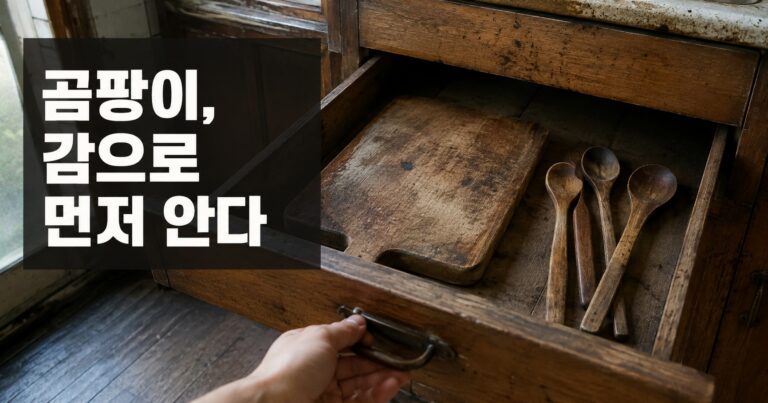 나무 서랍 속 도마와 수저를 살펴보는 손, 곰팡이 냄새로 미리 알아채는 신호