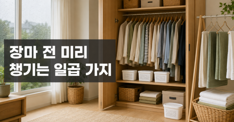 장마철을 앞두고 제습제와 정리된 옷장, 마른 세탁물이 있는 전원주택 실내 — 장마 전 미리 챙기는 일곱 가지